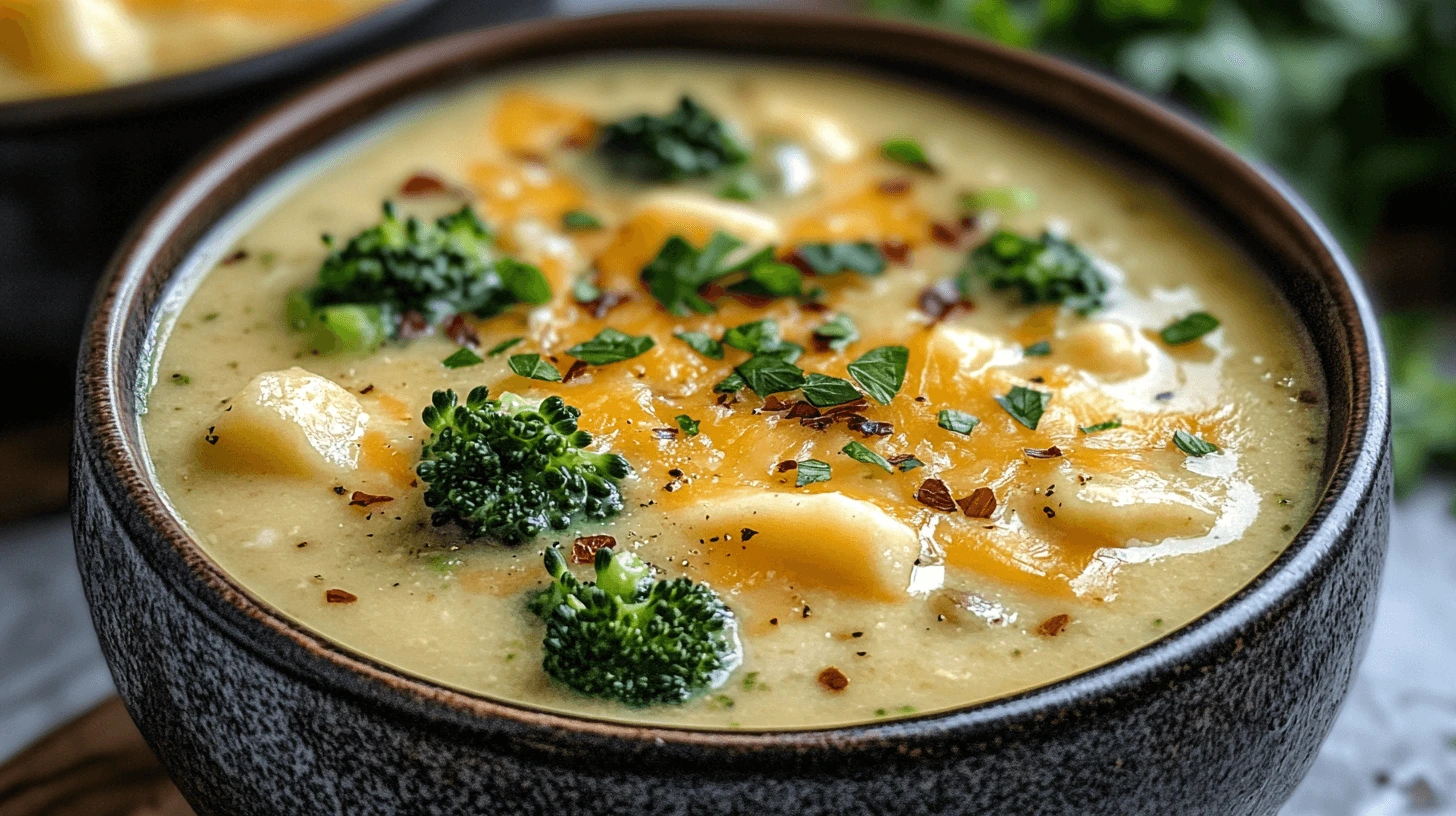 Close-up of a creamy broccoli cheddar soup topped with melted cheese, fresh broccoli florets, and parsley in a rustic bowl
